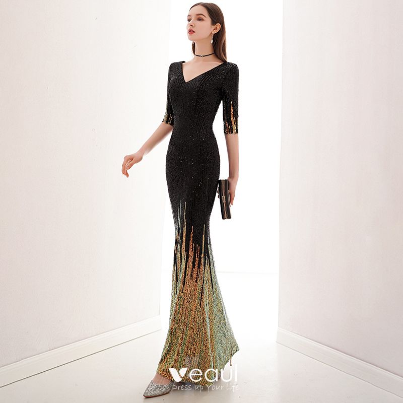 black and gold evening gowns with sleeves