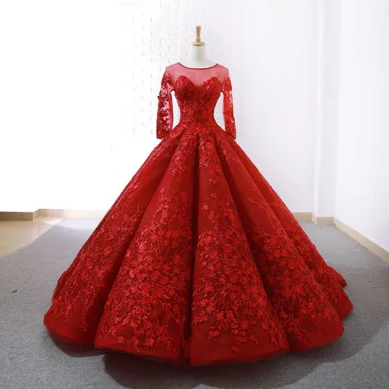 Stunning Red See-through Wedding Dresses 2019 Ball Gown Scoop Neck Long ...