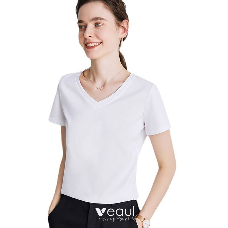 Dubbelzinnigheid Klein Nucleair Modest / Simple Summer Casual OL White Regular T-Shirts 2021 Cotton V-Neck  Short Sleeve Women's Tops T-shirt