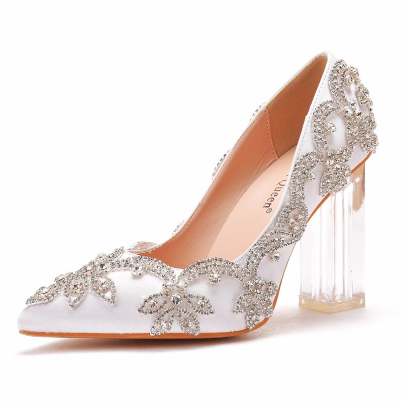 Ladies' Fashionable Transparent Glass Heels with Rhinestone Decor Muller Shoes, CN35 Clear Mid Heel PU Leather