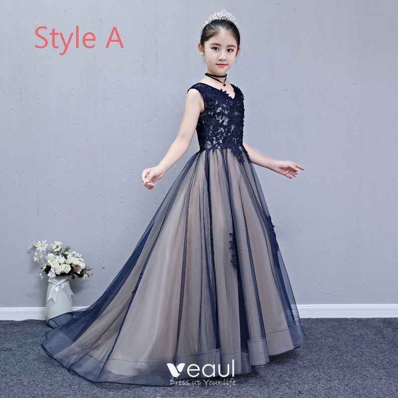 Chic / Beautiful Navy Blue Flower Girl Dresses 2019 A-Line / Princess V ...