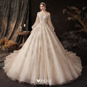 Victorian Champagne Bridal Wedding Dresses 2020 Ball Gown Off-The-Shoulder Puffy Long Sleeve Backless Appliques Beading Glitter Tulle Cathedral Ruffle