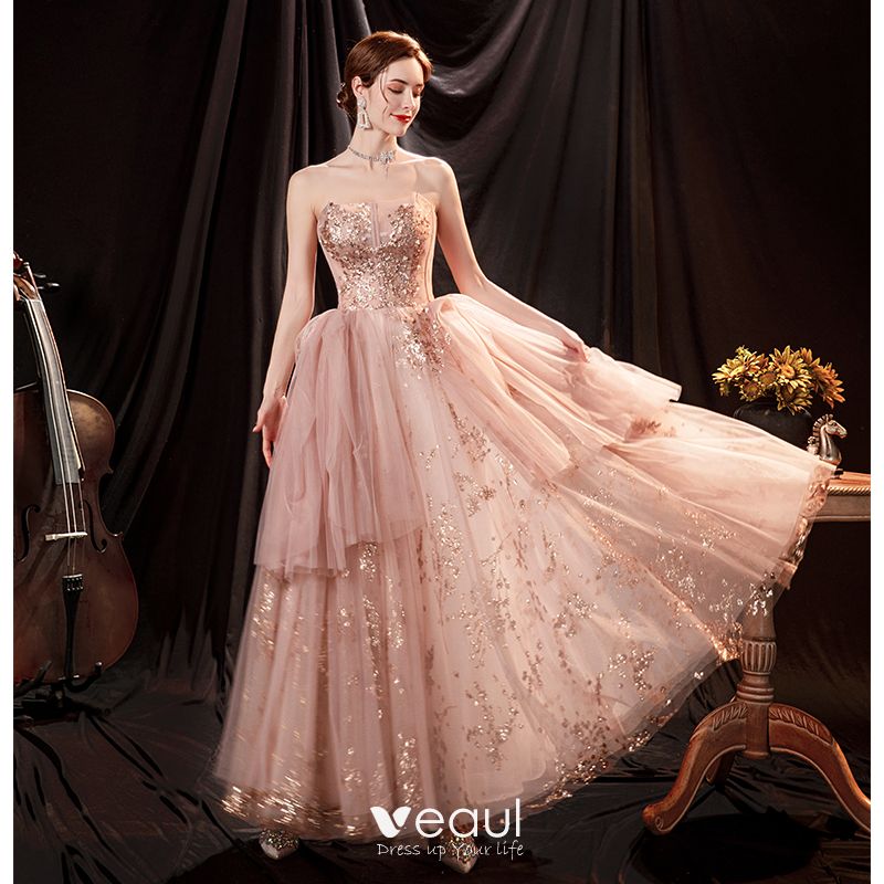 Charming Blushing Pink Prom Dresses 2021 A-Line / Princess Strapless  Sleeveless Backless Beading Sequins Floor-Length / Long Prom Formal Dresses