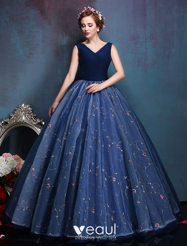 Glamorous V Neck Applique Flowers Royal Blue Organza Prom Dress 2016 