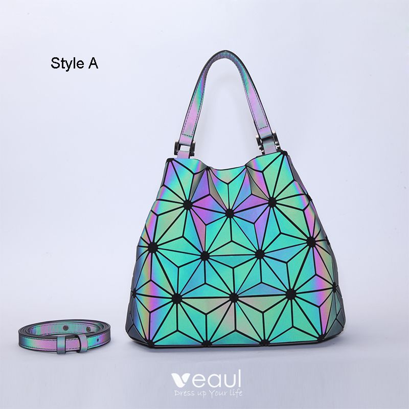 3-piece Multi-Colors Luminous Geometric Square Messenger Bag Shoulder Bags  Purse 2021 PU Holographic Reflective Women's Bags