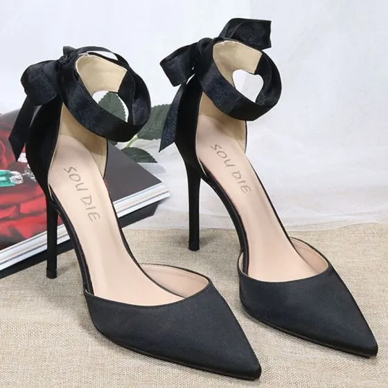 Fashion Black Prom Satin Womens Shoes 2020 Ankle Strap Bow 10 cm ...