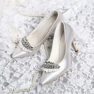 Luxury / Gorgeous White Wedding Shoes 2019 Leather Rhinestone 8 cm Stiletto Heels Pointed Toe Wedding Pumps