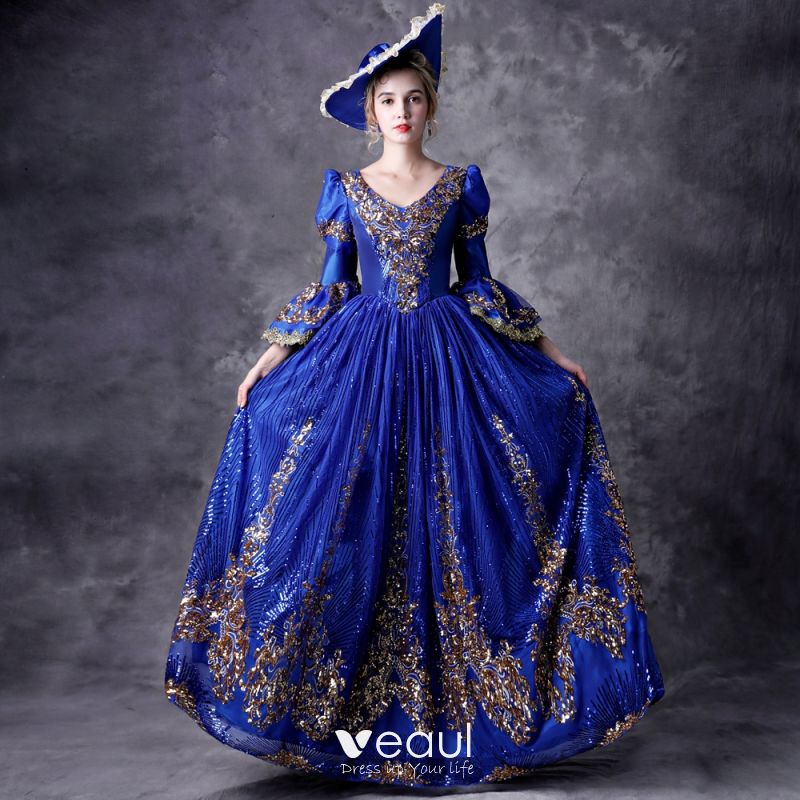 Vintage Retro Medieval Bling Bling Royal Blue Ball Gown Prom Dresses