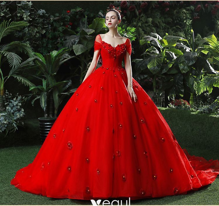 Chic Beautiful Red Wedding Dresses 2018 Ball Gown Appliques Beading