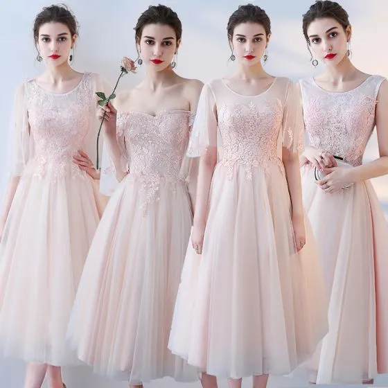 pink tea length bridesmaid dresses