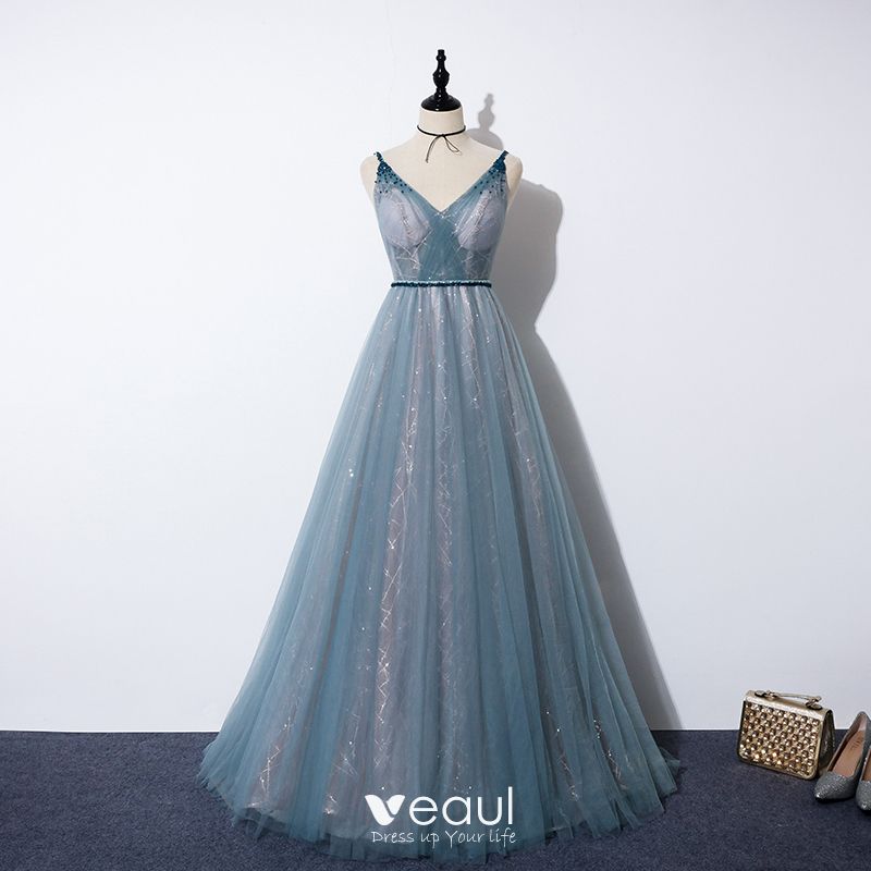 Elegant Ocean Blue Prom Dresses 2020 A-Line / Princess Spaghetti Straps ...