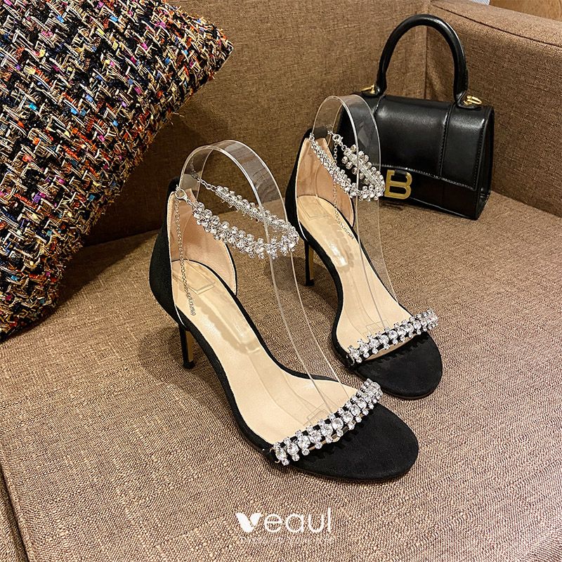 Charming Black Evening Party Womens Sandals 2020 Rhinestone Ankle Strap ...