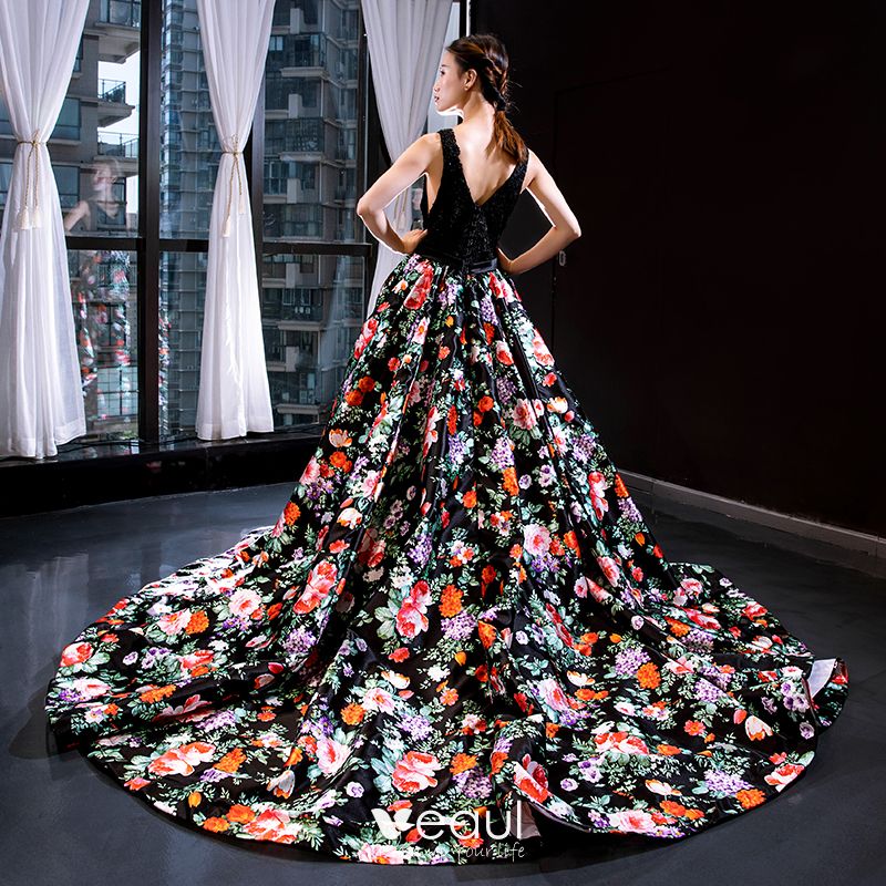 Womens Vintage Long Dress,Suma-ma Deep V-neck Ball Prom Gown Floral Printed Evening Party Swing Dress 