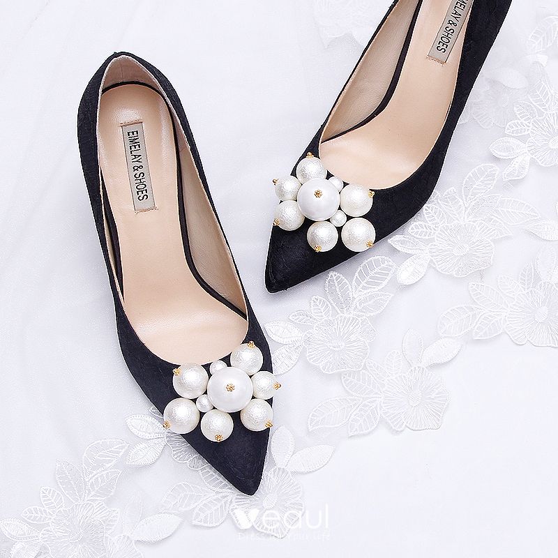 Charming White Wedding Shoes 2019 Leather Lace Pearl 9 cm Stiletto ...