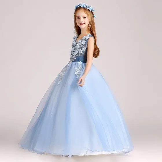 Chic Beautiful Sky Blue Flower Girl Dresses 2017 Ball Gown V Neck Sleeveless Appliques Flower 6760