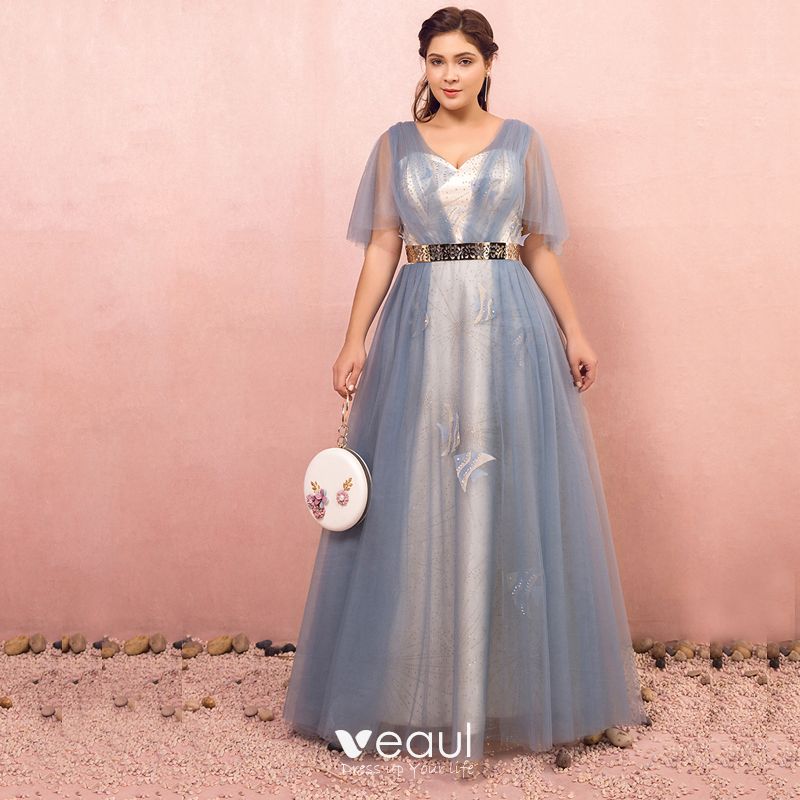 ting svejsning Socialist Sparkly Bling Bling Sky Blue Plus Size Evening Dresses 2018 A-Line /  Princess Tulle V-Neck Backless Beading Rhinestone Evening Party Prom Dresses