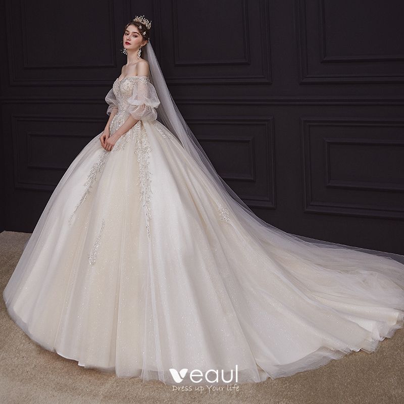 Romantic Champagne Bridal Wedding Dresses 2020 Ball Gown Off-The ...