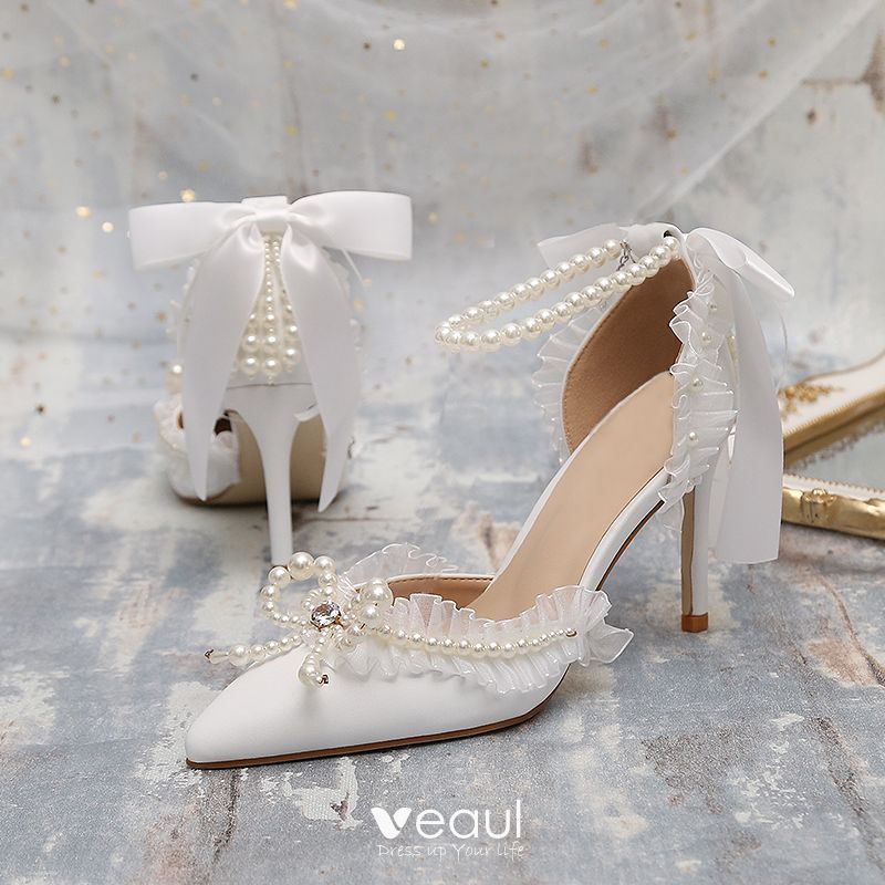 Vintage / Retro White Pearl Rhinestone Bow Wedding Shoes 2024 9 cm ...