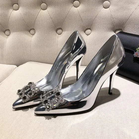 Chic / Beautiful Silver Evening Party Pumps 2019 Patent Leather ...