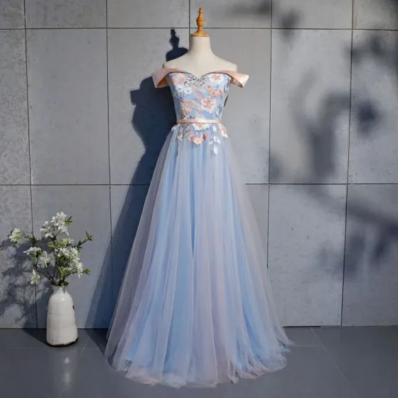 Chic / Beautiful Sky Blue Prom Dresses 2019 A-Line / Princess Appliques ...