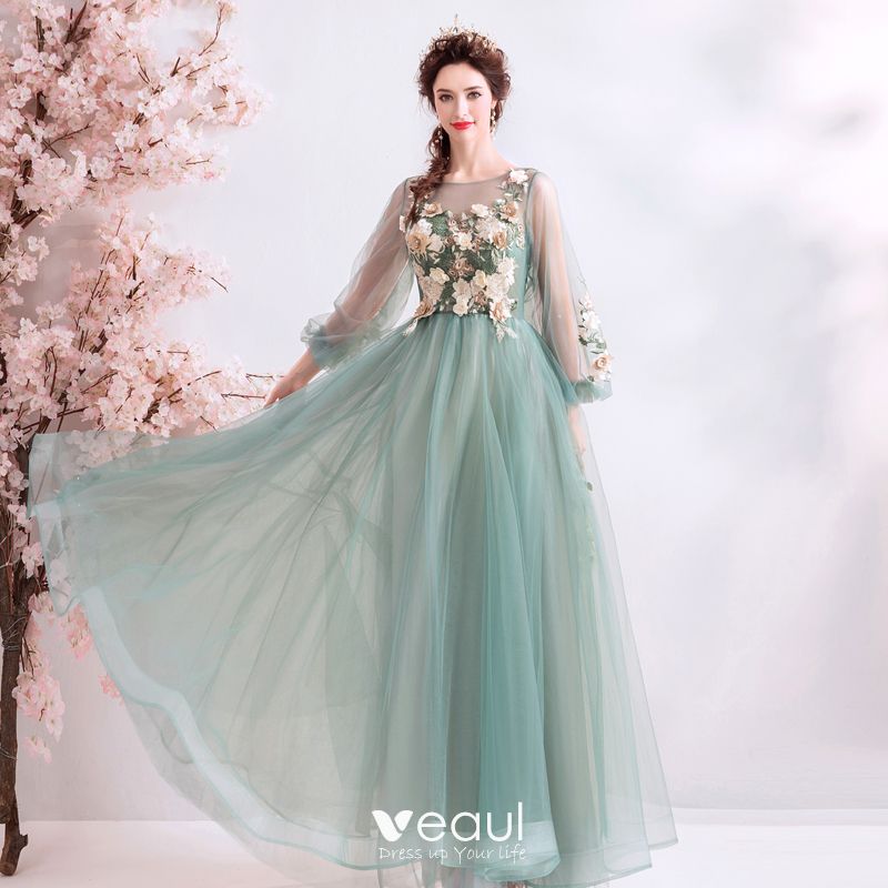 Flower Fairy Jade Green Prom Dresses 2019 A-Line / Princess Scoop Neck ...