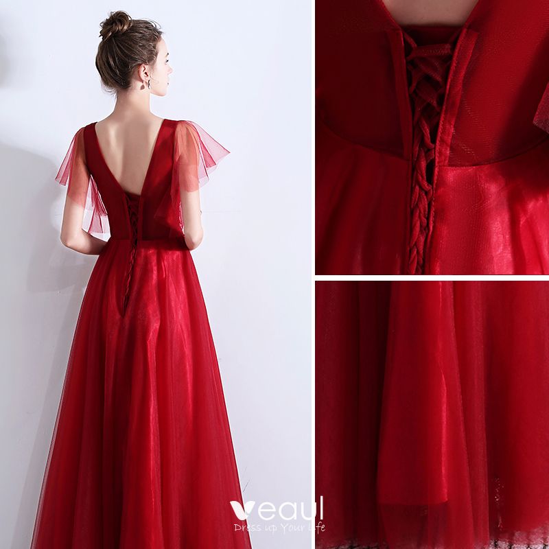 Chic / Beautiful Burgundy Evening Dresses 2019 A-Line / Princess V-Neck ...