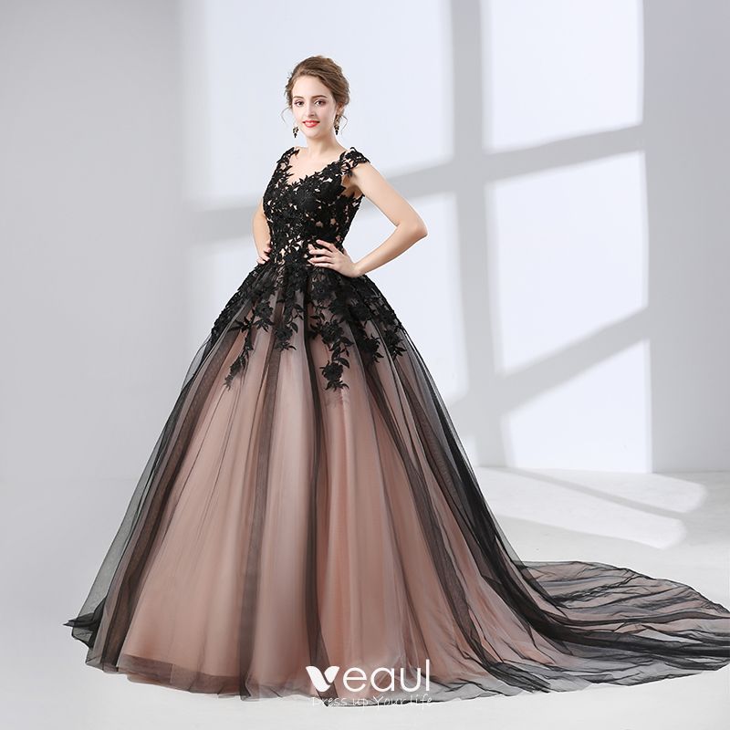 Chic / Beautiful Black Prom Dresses 2018 Ball Gown Appliques Lace V ...