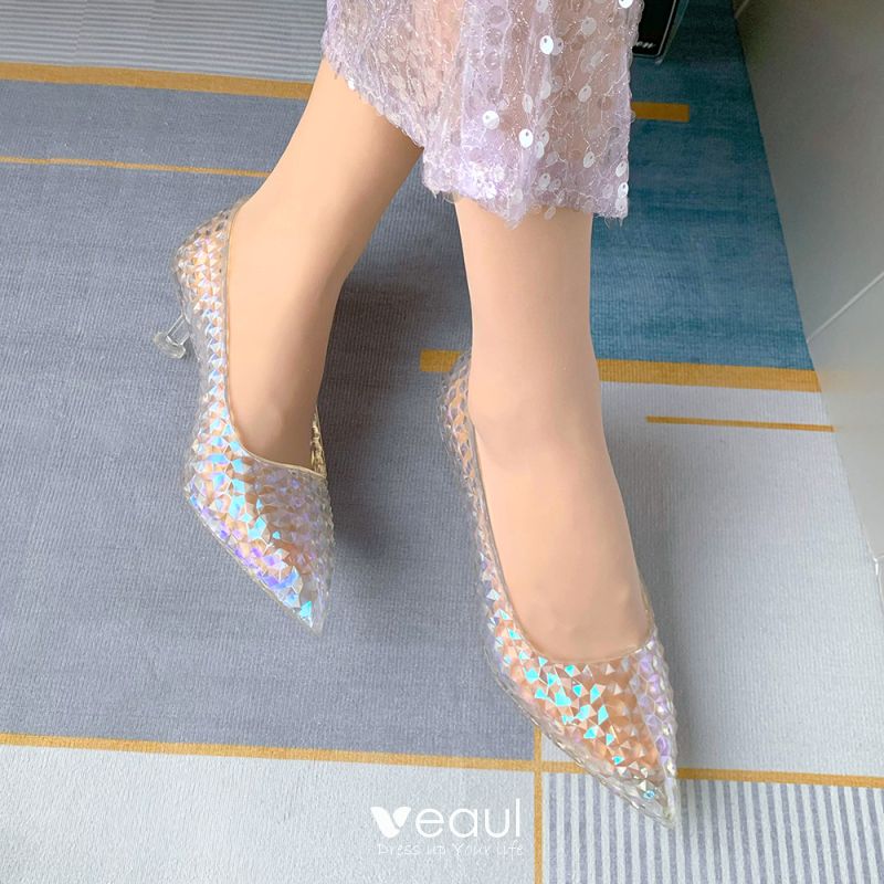 Cinderella Transparent Crystal Wedding Shoes 2023 8 cm Stiletto Heels  Pointed Toe Wedding Pumps High Heels