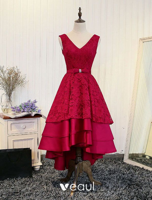 Elegant Red Cocktail Dress 2017 Lace Cascading Ruffles Backless High Low Party Dress