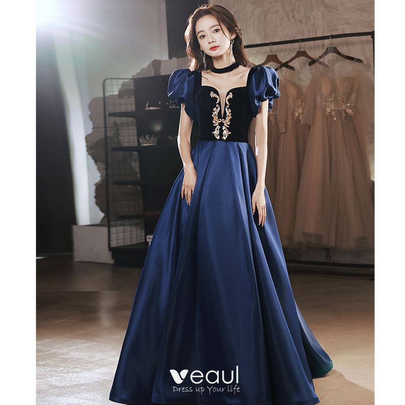 Elegant Navy Blue Satin Prom Dresses 2022 A Line Princess Square Neckline Puffy Short Sleeve 1354