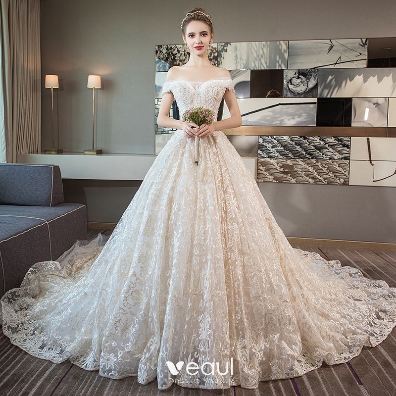 Luxury Off Shoulder A Line Lace Organza Wedding Dress Champagne New Bridal Gown 