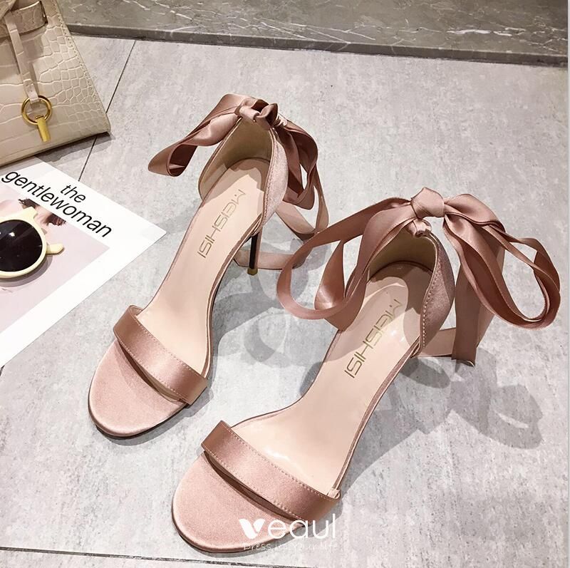 Sexy Champagne Prom Satin Womens Sandals 2021 Ankle Strap Bow 10 cm ...