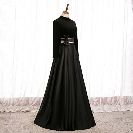 Elegant Black Prom Dresses 2020 A-Line / Princess Suede High Neck Bow ...