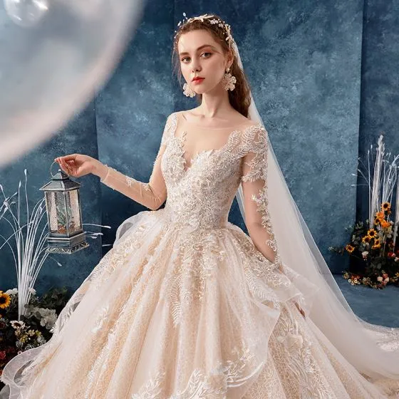 Romantic Champagne See-through Wedding Dresses 2019 Ball Gown Scoop ...