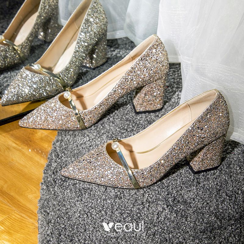 Sparkly Rose Gold Wedding Shoes 2020 Pearl Sequins 7 cm Thick Heels