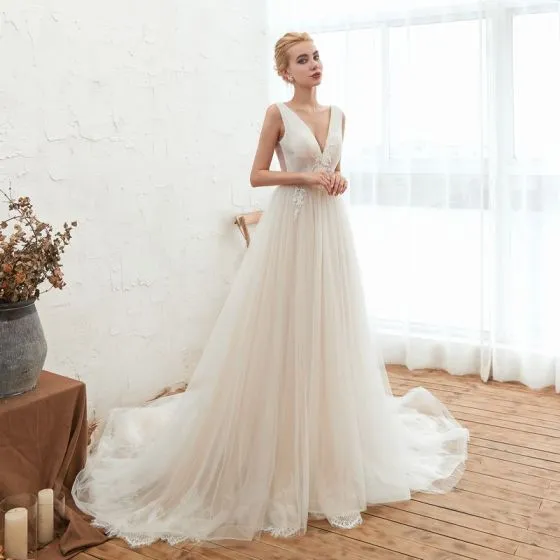 Affordable Champagne Outdoor / Garden Summer Wedding Dresses 2019 A ...