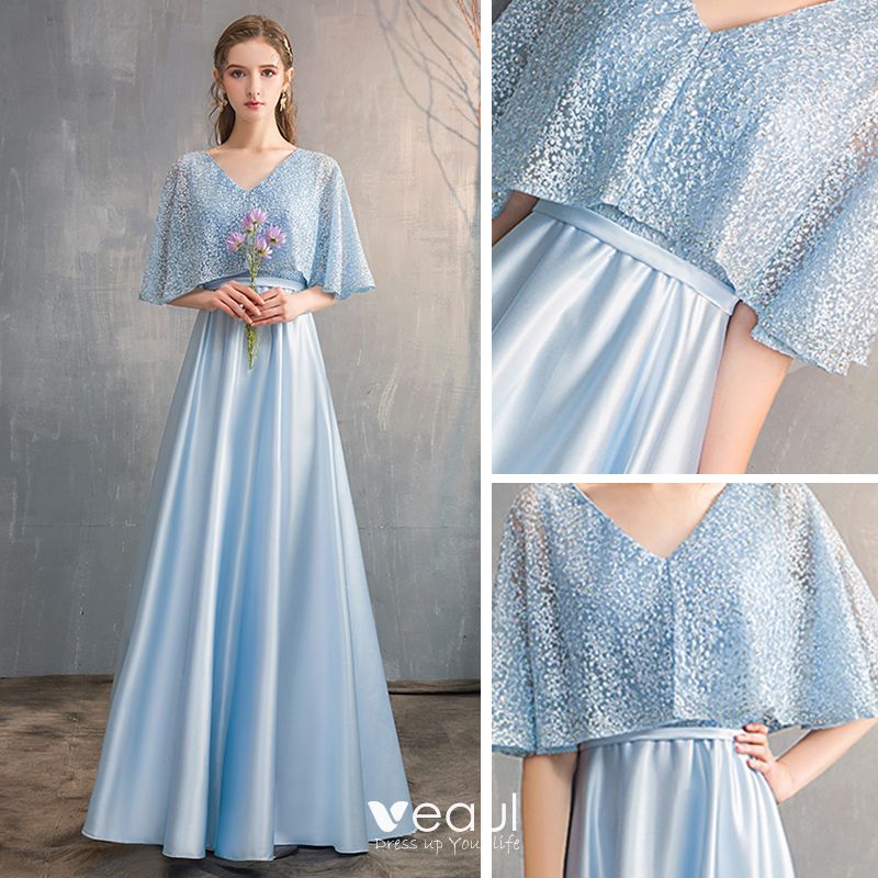 Chic / Beautiful Sky Blue Satin Bridesmaid Dresses 2019 A