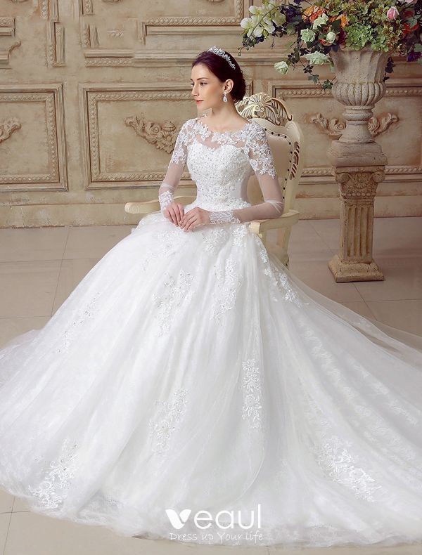 Ball Gown Long Sleeve Floor Length Tulle Applique With Back Bow