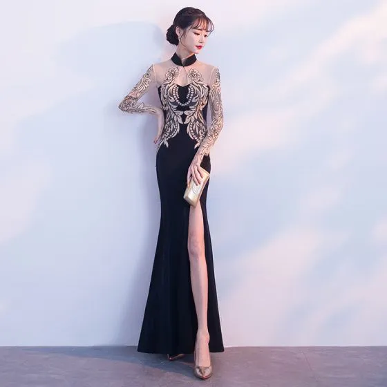 Chinese style Black Gold See-through Evening Dresses 2018 Trumpet ...