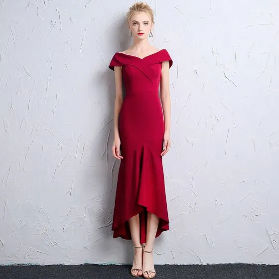 Chic Beautiful Burgundy Evening Dresses 2018 Trumpet Mermaid V Neck Short Sleeve Tea Length Ruffle Backless Formal Chic Beautiful Burgundy Evening Dresses 2018 Trumpet Mermaid V Neck Short Sleeve Tea Length Ruffle Backless Formal