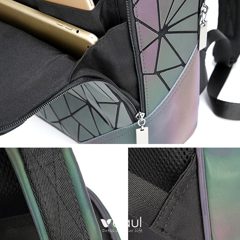 Rainbow Multi-Colors Luminous Geometric Square Backpacks 2021 PU Casual  Reflective Holographic Women's Bags