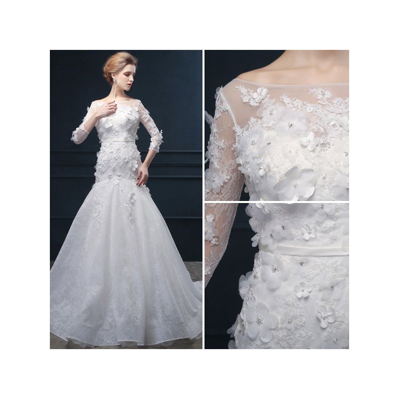 2015 Trumpet Mermaid Handmade Lace Flower Square Neckline Wedding