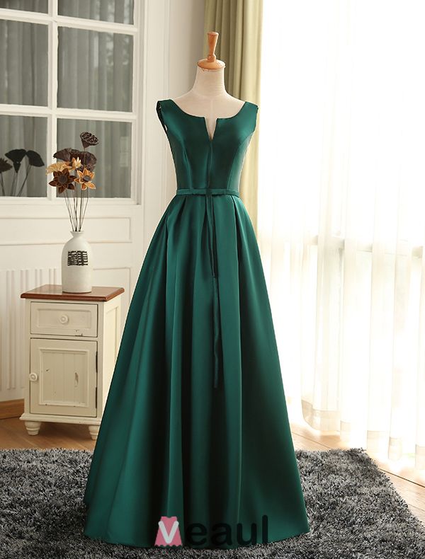 Evening Dress 2016 Simple Deep V-neck Ruffled Dark Green Satin Long ...
