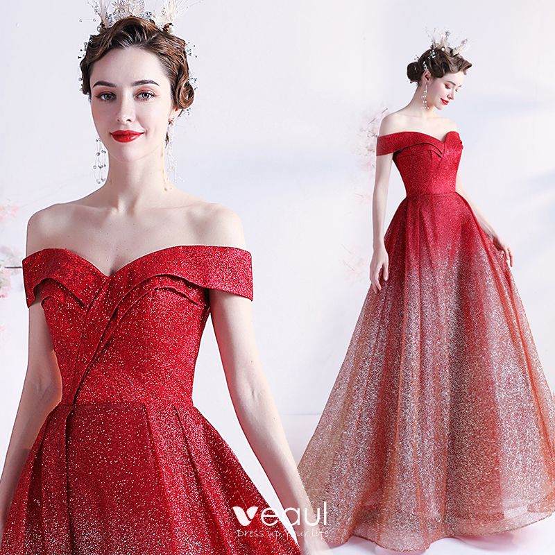 Sparkly Sexy Gradient-Color Red Prom Dresses 2021 A-Line / Princess Off ...