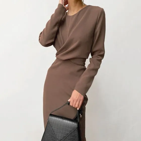 Modest / Simple Brown Casual Maxi Dresses 2021 Scoop Neck Long Sleeve  Tea-length Womens Clothing