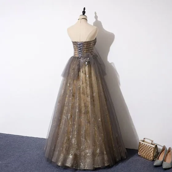 Elegant Grey Gold See-through Prom Dresses 2019 A-Line / Princess ...