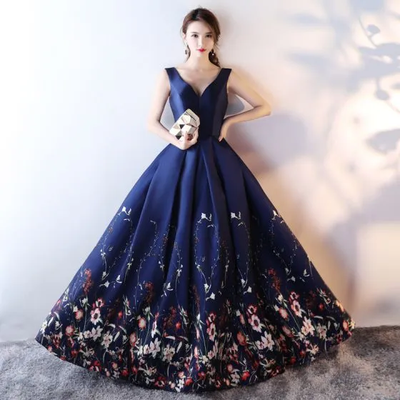 Chic / Beautiful Navy Blue Flower Prom Dresses 2017 A-Line / Princess V ...