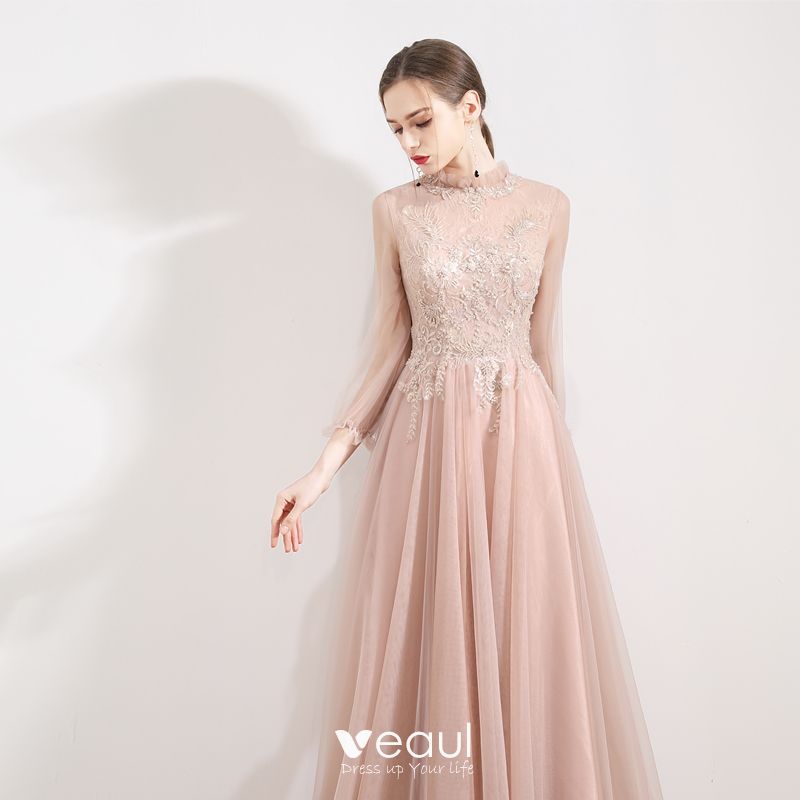 Elegant Pearl Pink See-through Evening Dresses 2019 A-Line / Princess ...