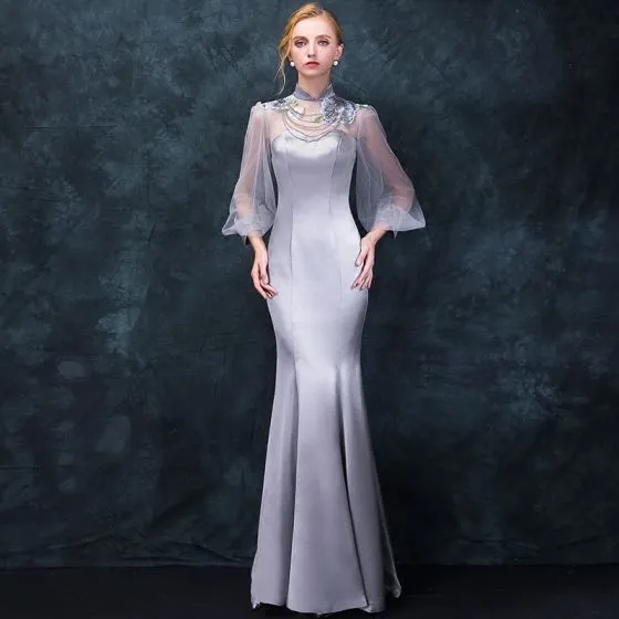 long sleeve grey evening gown