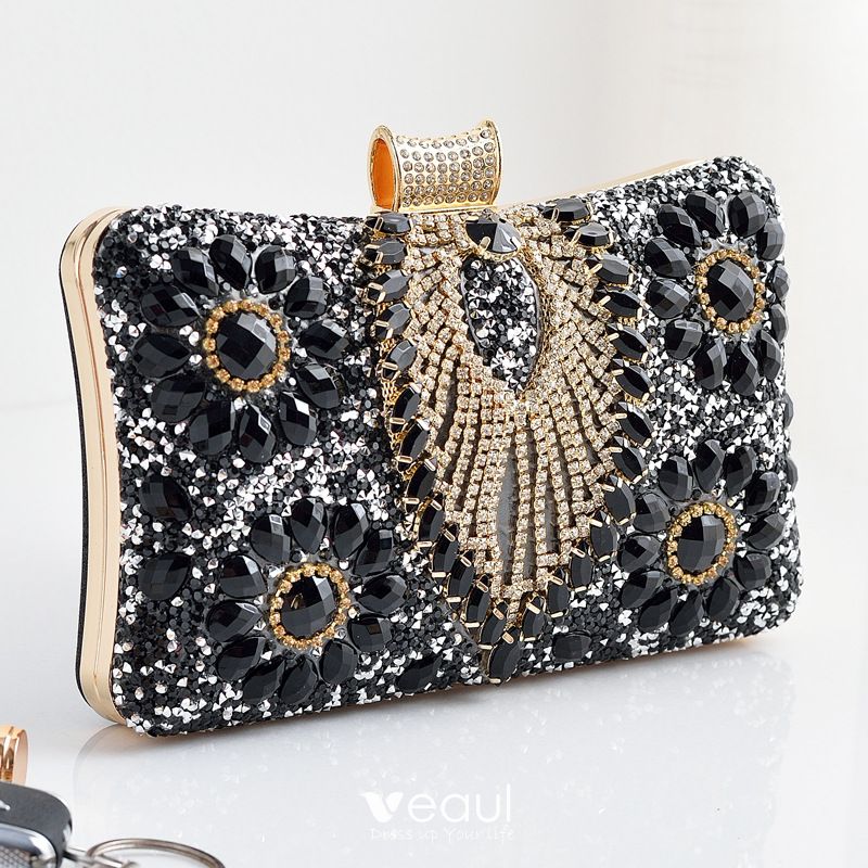 Black Gold Beaded Clutch Purse, Party Clutch Purse, Evening Bags
